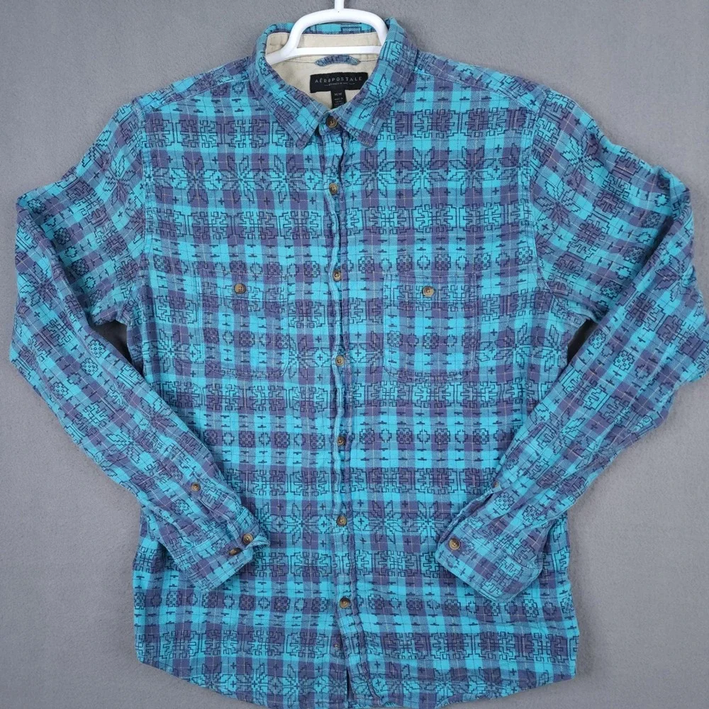 Aeropostale Mens Medium Teal Blue Plaid Southwestern Aztec Flannel Button Shirt